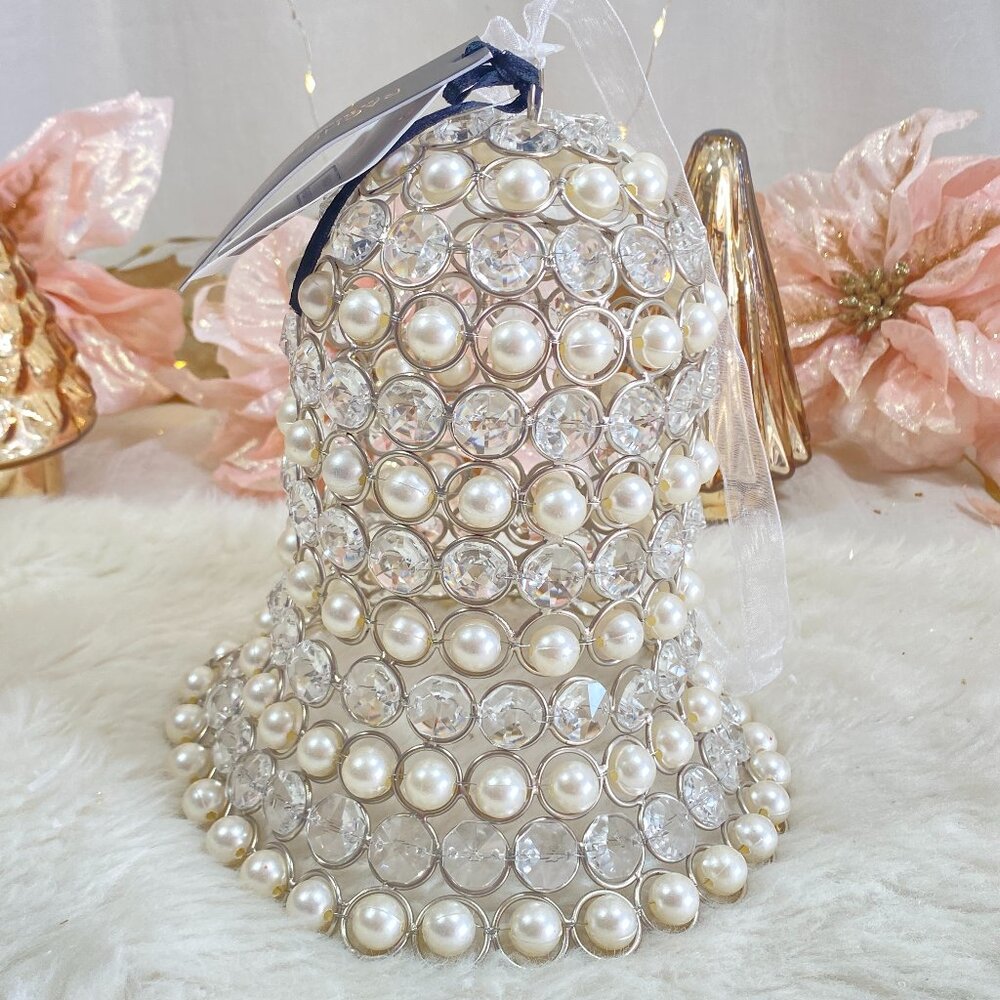 Rachel Zoe Stunning Caged Pearls & Crystal Glass Christmas Bell Tabletop Hanging